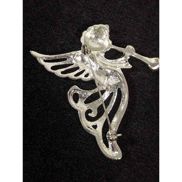 Vintage Signed SFJ Silver Tone Angel Trumpet Open Work Pin Brooch - Picture 3 of 6